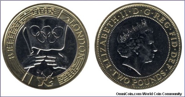 United Kingdom, 2 pounds, 2012, Ni-Brass-Cu-Ni, bi-metallic, 28.4mm, 12g, Beijing 2008 London, Queen Elizabeth II.