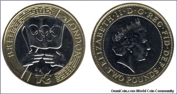 United Kingdom, 2 pounds, 2012, Ni-Brass-Cu-Ni, bi-metallic, 28.4mm, 12g, Beijing 2008 London, Queen Elizabeth II.