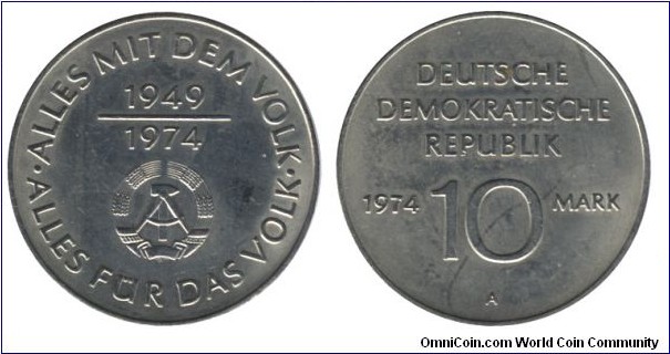 German Democratic Republic, 10 mark, 1974, Cu-Ni, 31mm, 1949-1974, 25th Anniversary of GDR.