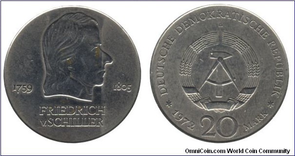 German Democratic Republic, 20 mark, 1972, Cu-Ni, 33mm, Friedrich von Schiller, 1759-1805.