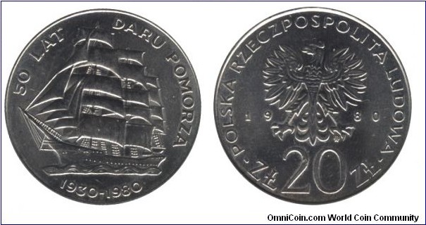 Poland, 20 zlotych, 1980, Cu-Ni, 29mm, 10.15g, 50th Anniversary of the Ship Dar Pomorza.