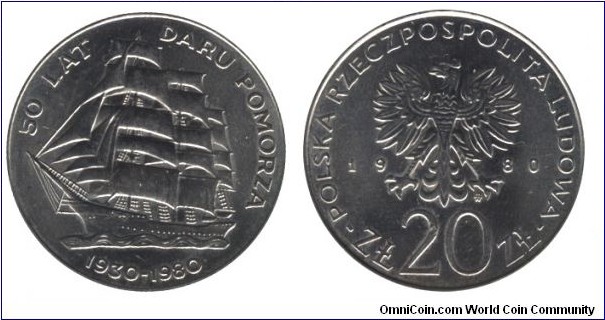Poland, 20 zlotych, 1980, Cu-Ni, 29mm, 10.15g, 50th Anniversary of the Ship Dar Pomorza.