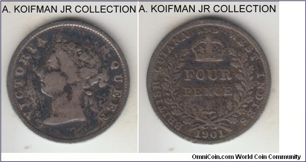 KM-26, 1901 British Guiana and West Indies 4 pence; silver, reeded edge; last of Victoria coinage, mintage of 60,000, well circulated.