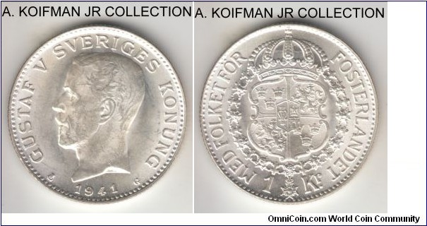 KM-786.2, 1941 Sweden krona; silver, reeded edge; Gustaf V, relatively common but nice, blast white uncirculated, obverse has some contact bag marks.