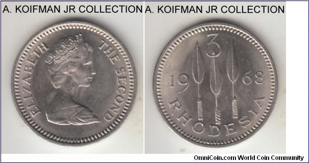 KM-8, 1968 Rhodesia 3 pence; copper-nickel, plain edge; Elizabeth II, bright uncirculated.