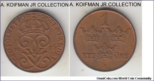 KM-777.2, 1936 Sweden ore; bronze, plain edge; Gustaf V, long 6 variety, average toned uncirculated or almost.