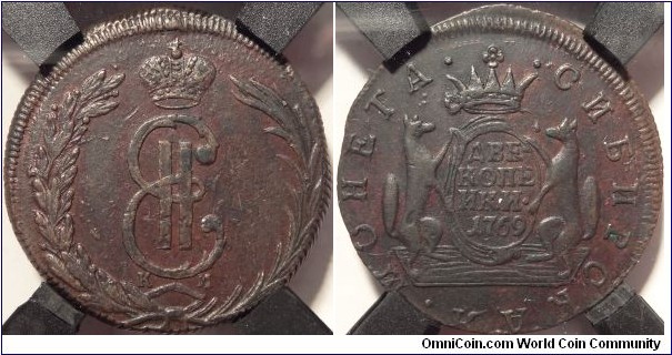 AE 2 kopeck 1769 KM, Siberian regional coinage. RNGA XF-45BN. Redkie Moneti #11:  https://www.m-dv.ru/catalog/p,206808/image.html