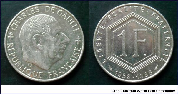 France 1 franc. 1988, Charles de Gaulle. 30th Anniversary of the Fifth Republic.