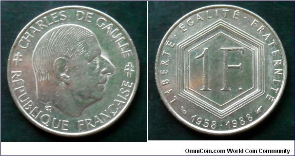 France 1 franc. 1988, Charles de Gaulle. 30th Anniversary of the Fifth Republic (II)