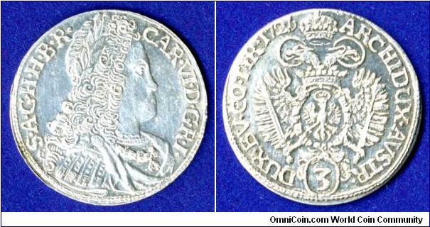3 kreuzer (groschen).
Tyrol.
Carolus VI (1711-1740) Emperor of Holy Roman empire.
Hall mint.


Ag359f. 1,62gr.