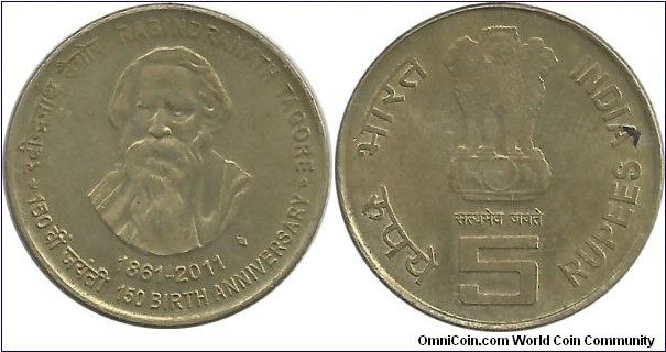 IndiaComm 5 Rupees ND(2011)(B) - 150th Birth Ann. of Tagore