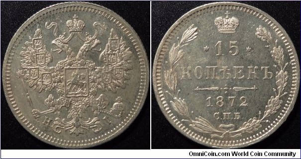 AR 15 kopeck 1872 SPB-NI. ANACS MS63