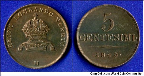 5 centesimi.
Austrian Northen Italy.
Franc Ioseph I (1848-1916).
*M* - Milan mint.


Cu.