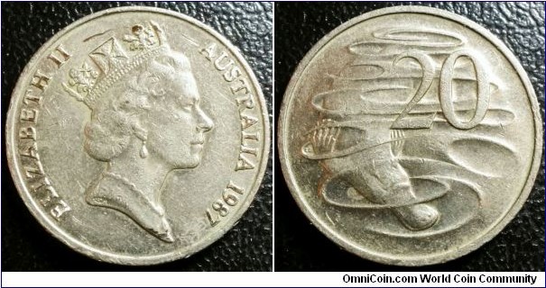 Australia 1987 20 cents. Found in circulation - this is from a mint set. Not issued for circulation. Some minor marks. 
