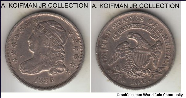KM-48, 1836 Uniteed States of America 10 cents *dime); Philadelphia mint (no mint mark); silver, reeded edge; early Liberty cap type, better details, about extra fine, but some environmantal impact and a few digs, may have been cleaned.