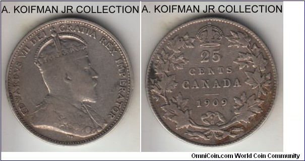KM-11, 1909 Canada 25 cents; silver, reeded edge; Edward VII, last year of the type, very good to about fine, stain and likely cleaned in the past.