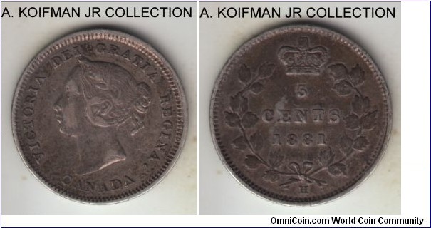 KM-2, 1881 Canada 5 cents, Heaton mint (H mint mark); silver, reeded edge; Victoria, nicer toned good very fine.