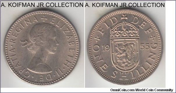 KM-905, 1955 Great Britain shilling, Scottish crest; copper nickel, reeded edge; earlier Elizabeth II, Rev D variety (D in the DEFat the beads, etc) average uncirculated, toned and a couple of bag marks.
