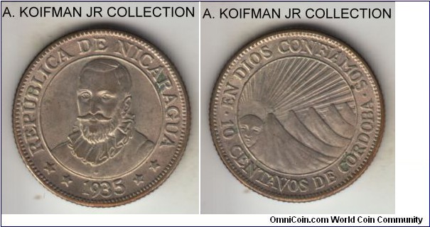 KM-13, 1935 Nicaragua 10 centavos; silver, reeded edge; smaller mintage year, almost uncirculated.