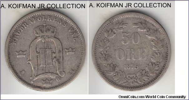 KM-740, 1874 Sweden 50 ore; silver, reeded edge; Oscar II, average circulated, good fine or better.