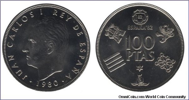 Spain, 100 pesetas, 1980, Cu-Ni, 34.20mm, 17.10g, World Soccer Championship '82, King Juan Carlos I.