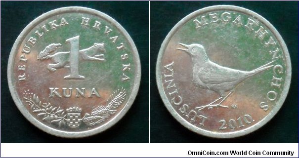 Croatia 1 kuna.
2010, Latin text; Luscinia megarhynchos (Nightingale)