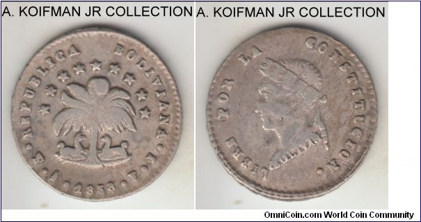 KM-118.2, 1858/7 Bolivia 1/2 sol, Potosi mint (PTS in monogram); silver, reeded edge; decent grade, good very fine to extra fine for the type which is usually crudely struck.