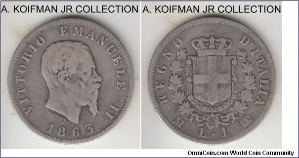 KM-5a.1, 1863 Italy (Kingdom) lira, Milan mint (M mint mark); silver, lettered edge; Vittorio Emanuele, average circulated.
