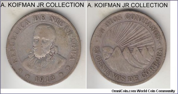 KM-14, 1912 Nicaragus 25 centavos, Heaton Mint (H mint mark); silver, reeded edge; early republiocan coinage, first year of the type, fine to good fine.