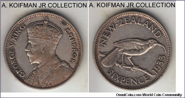 KM--2, 1933 New Zealand 6 pence; silver, reeded edge; George V, first year of mintage, extra fine details, cleaned.