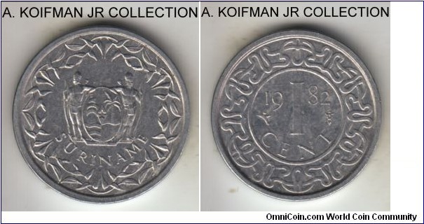 KM-11a, 1982 Suriname cent, Utrecht mint; aluminum, plain edge; about uncirculated.