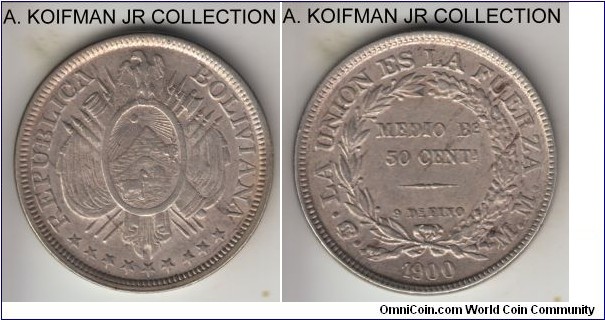 KM-161.5, 1900 Bolivia 50 centavos, Potosi mint (PTS in monogram); silver, reeded edge; last year of the type, shallow reeding, extra fine or better, nice residual luster.