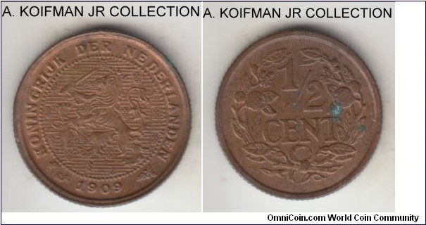KM-138, 1909 Netherlands 1/2 cent; bronze, reeded edge; Wilhelmina I, uncirculated, but a reverse spot.