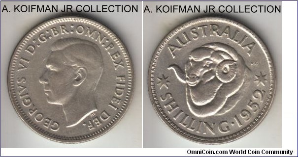 KM-46, 1952 Australia shilling, melbourne mint (no mint mark); silver, reeded edge; last George VI, about extra fine.