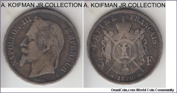 KM-799.1, 1870 France 5 francs, Paris mint (A mint mark); silver, lettered edge; Napoleon III, very fine or so.