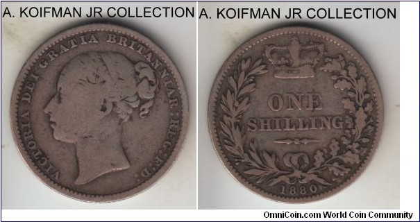 KM-734.4, 1880 Great Britain shilling; silver, reeded edge; Victoria, about fine.