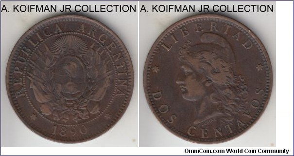 KM-33, 1890 Argentina 2 centavos; bronze, plain edge; decent circulated grade.