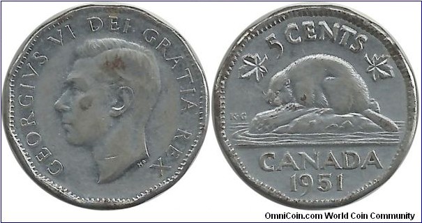 Canada 5 Cents 1951(CrNi plated steel)