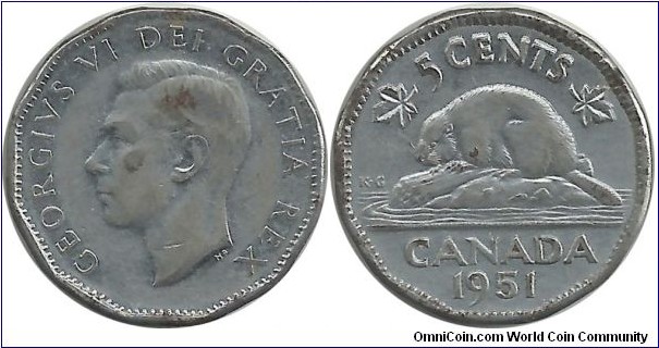 Canada 5 Cents 1951(CrNi plated steel)