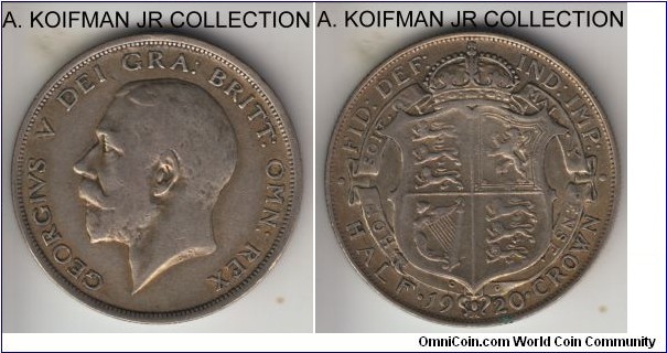 KM-818.1a, 1920 Great Britain half crown; silver, reeded edge; George V, very fine or so.