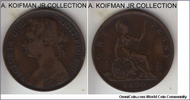 KM-755, 1890 Great Britain penny; bronze, plain edge; Victoria,. fine or so.