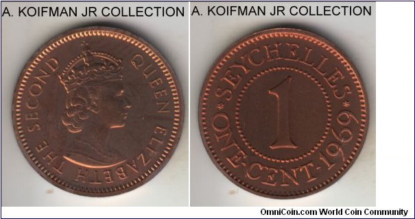 KM-14, 1969 Seychelles cent; proof, bronze, plain edge; late Elizabeth II coinage, mintage 5,000 in sets, choice red proof.