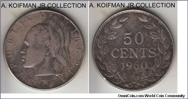KM-17, 1960 Luberia 50 cents; silver, reeded edge; 2-year type, uncommon, good very fine to extra fine with some uneven obverse toning.