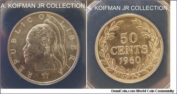 KM-17, 1960 Liberia 50 cents, Philadelphia (US) mint; silver, reeded edge; 2-year type, uncommon, bright white ANACS graded MS 62.