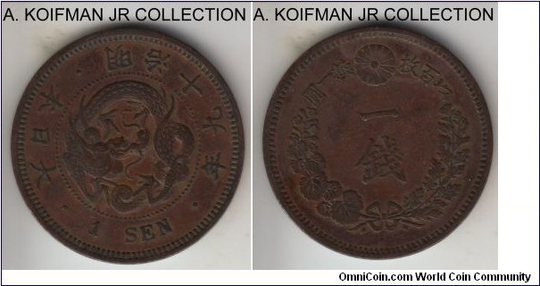 Y#17.2, Meiji Yr.19 (1886) Japan sen; copper, plain edge; Mutsuhito, good very fine to extra fine.