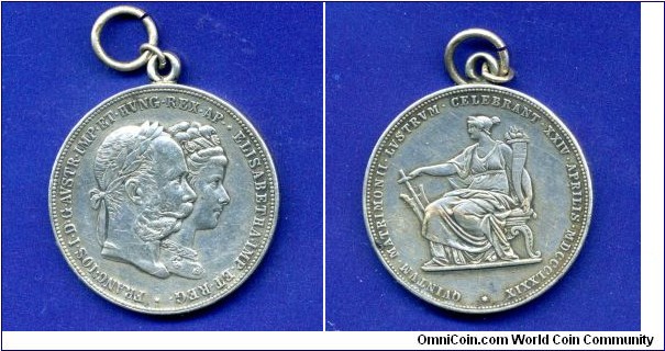 Double florin (Thaler) dedicated to the 25th anniversary of the wedding of Franz Joseph and Elizabeth of Bavaria.
Someone, out of loyal feelings, made a medal out of her.
The folk name of such an craft is PATRIOT.