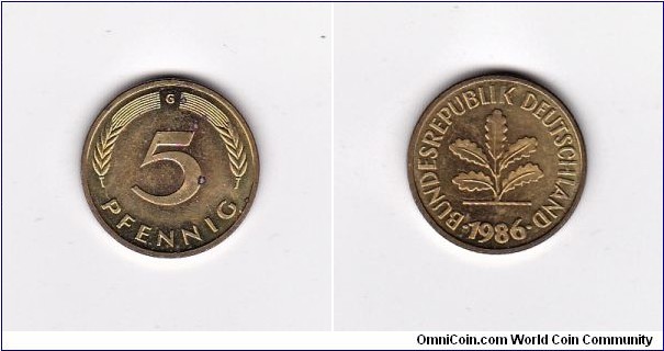 1986-G Germany 5 Pfennig Coin