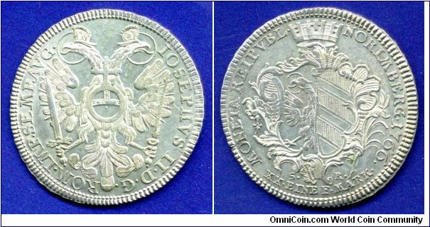Half Thaler (Gulden).
Ioseph ll (1765-1790) Emperor of Holy Roman empire.
Free city Nürnberg.
*S.R.* - Scholz & Riedner 1764-70.


Ag833f. 14,03gr.