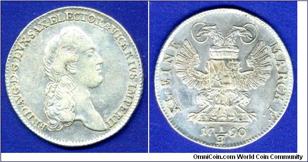 1/3 Thaler (1/2 Gulden).
Kurfürstentum Sachsen.
Friedrich August III (1763-1806).
Vicariat.
*I.E.C.* - Johann Ernst Croll 1779-1804, Dresden mint.


Ag833f. 7,016gr.