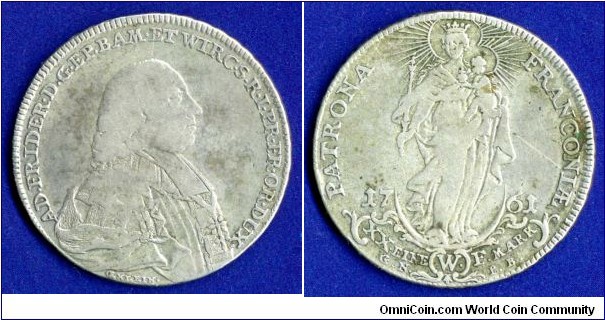 1/2 Thaler (Gulden).
Bishopric Würzburg.
Adam Friedrich von Seinsheim (1755-1779).
Die-cutter and medailleur Johann Leonhard Oexlein (1740-87), GN & PB - Georg Neumeister 1754-62 (warden) & Philipp Bischof 1754-61, Nürnberg mint.


Ag833f. 14,03gr.